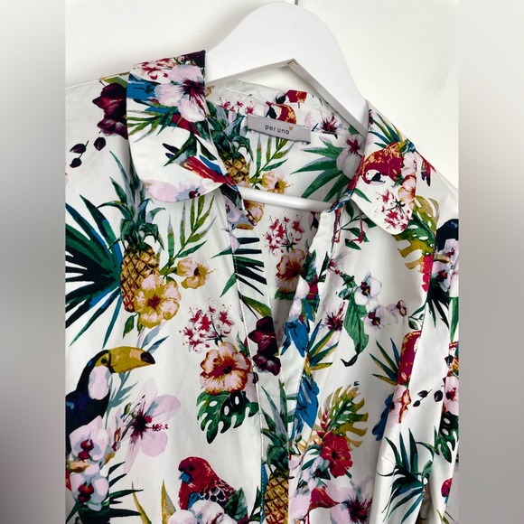 Per Una Parrot Print Belted Cotton Shirt Dress Long Midi UK 18 Roll Tab Sleeve - Picture 8 of 13